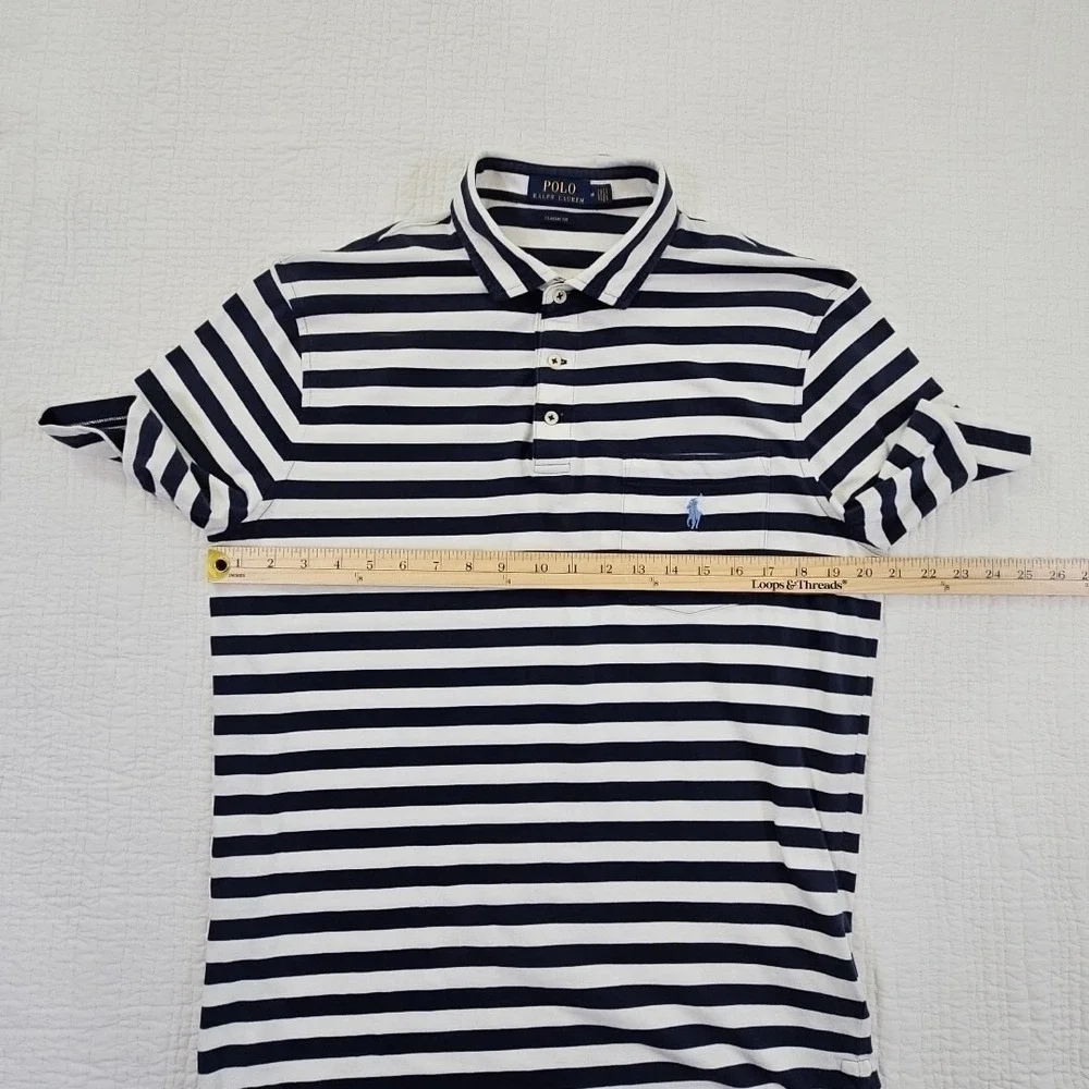 Polo Ralph Lauren Navy Blue Stripe Polo Shirt Men's M Medium Short Sleeve EUC LN